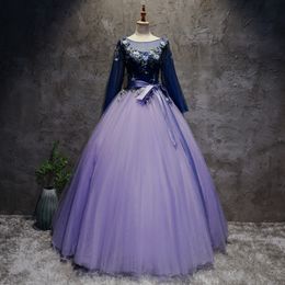 2021 New Fashion Appliques Long Sleeve Ball Gown Quinceanera Dresses With Scoop Bow Sweet 16 Dress Debutante Prom Party Dress Custom Made 15