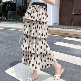 Summer Spring Fashion Long Layered Pleated Skirt Polka Dot Print Skirt Womens Elegant Elastic Waist Midi Skirts B0D116N Y1214