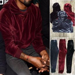 Men's Hoodies & Sweatshirts Wholesale- Vellsar Men Women Velour Pants Joggers Hip Hop Solid Velvet hooded Hoodie Sweatpants Pullover Sweatshirts Tracksuit US SIZE1