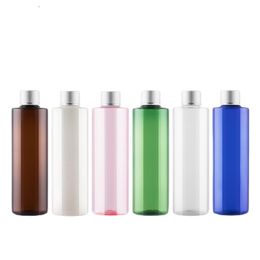 Packing Plastic Bottle Flat Shoulder PET Matte Silver Aluminium Cover With Inner Plug Empty Portable Refillable Cosmetic Packaging Container 250ml