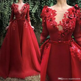 Vestidos de noite elegantes de renda vermelha com trem destacável pura 3/4 mangas 3d apliques florais comprimento formal noite vestidos de baile