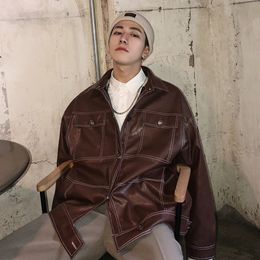 Moda uomo stile hip-hop tasca abbigliamento in pelle blazer sciolto casual giacca nera / marrone cerniera capispalla cappotto taglia M-XL 201026