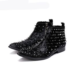 Rock Men Boots Western Knight Black Horse Hair Ankle Boots Men with Silver Rivets Safety Boots Military Spikes Men Botas