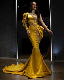 Gold Satin One Shoulder Evening Dresses Luxury Beading Rhinestone Mermaid Fprmal Prom Gown Robe De Soiree Dubai Arabia Dress