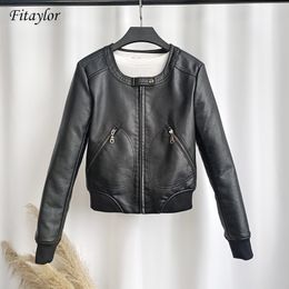 Fitaylor Faux Leather Jacket Women O-neck Casual Biker Jackets Female Motorcycle Coat Plus Size 4XL Soft PU Basic Black Outwear 201030