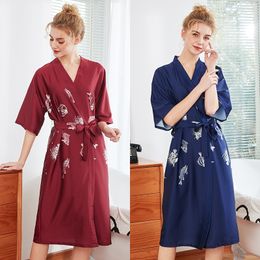 Women Silk Sexy Kimono Bathrobe Knee Length Bridesmaid Fish Bone Satin Bath Robe Red Bride Dressing Gown for Wedding Sleepwear 210203