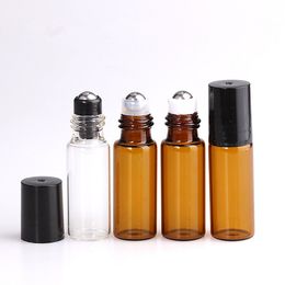 Clear/Amber Slim Thin Glass Roller Perfume Bottle with Metal Ball Black Lid 1ML 2ML 3ML 5ML Sample Tester Fragrance oil Bottles with Roller Ball Free ship