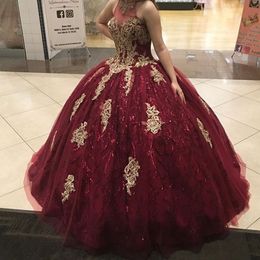 Burgundy Sparkly Sequins Quinceanera Dress Gold Lace Sweet 16 Ages Prom Party Dresses Pageant Gown Plus Size