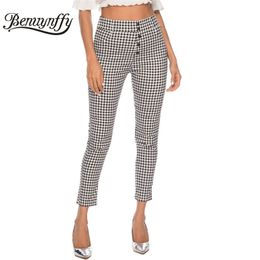 Benuynffy Vintage Button High Waist Plaid Pants Summer Office Lady Workwear Trousers Women Elegant Side Zipper Pencil Pants 201031