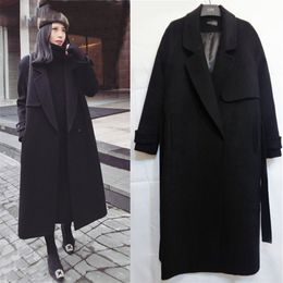 Spring Autumn Winter New Women's Casual Wool Blend Trench Coat Oversize Long Coat with belt Women Wool Coat Cashmere Outerwear LJ201109