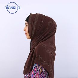 DIANRUO Cotton Jersey Muslim Long Scarf with Rhinestones Modal Headscarf Islamic Hijab Shawl Arabic Rectangular Headwrap N492 J1215
