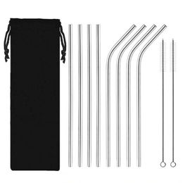 Stainless Steel Straw Set Reusable Rainbow Gold Metal Straight Bend Straws Metal Drinking Straws Set with Cleaning Brush Bag