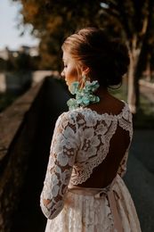 Vintage Country Style Beautiful Bohemian Lace Wedding Dresses Open Back 3 4 Sleeves Boho Beach Plus Size Wedding Dress Bridal Gown252A