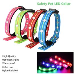 New Nylon Waterproof Pet Dog LED Collar USB Charging Reflective Puppy Dogs Cat Glowing Collars Safe Luminous Necklace Collar LJ201109