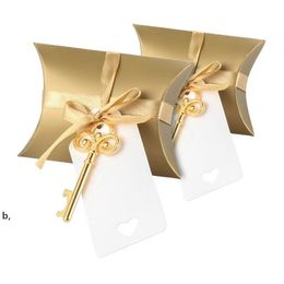 100 X Gold/Silver Creative Pillow Candy Box With Retro Key-shaped Bottle Opener Tag Ribbon For Wedding Party Event Supplies RRA11562