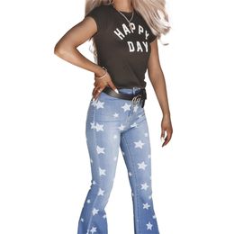 CM.YAYA New women zipper up Star Print washed high waist wide leg flare jeans fashion classic denim long pants trousers 201223