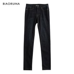 BIAORUINA Women's Fashion Skinny Pencil Jeans High Waist Casual Washing Full Length Jeans Women All Season Bottoms Plus Size 201030