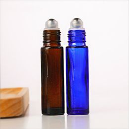DHgate 5ML 10ML Amber Blue Slim Thick Glass Eye Serum Massage Oil Roller Bottle with Metal Stainless Roller Ball Empty Aromatherapy Roll on Glass Bottle Freeship