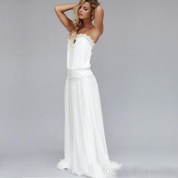 Elegantes Weiß 2021 Sexy Strandhochzeitskleider Trägerlos Rückenfrei Spitzenband Hochzeit Brautkleider QC145
