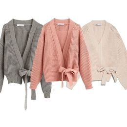 New Women Sweater Gray Beige Pink Solid Kinitted Cardigan Sashes V-Neck Sweater Casual Loose Style Female Clothes 201128