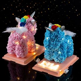 25CM Unicorn Rose Flower with Wings Artificial Christmas Gifts for Women Valentine's Day Gift Plush with box light EMS