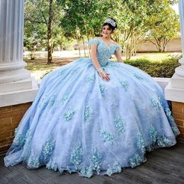 2021 Bahama Blue Quinceanera Dresses Ball Gowns Hand Made Flowers Applique Off The Shoulder Sweet 16 Dress Lace Prom Pageant Graduation Dres