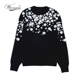 Women Fashion Pullover White Floral 3D Beading Slim Autumn Winter Sweater Simple Vintage Knitted Top Slim Blusas C-034 201221