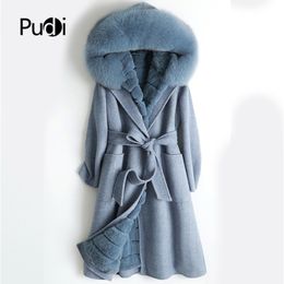 Pudi Women real wool fur coat Rex rabbit liner fox fur collar leisure Fall/Winter female long hooded jacket outwear ZY18558 201212