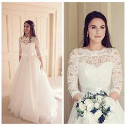 See-through Lace Ivory Wedding Dresses with 3/4 Sleeves Organza Skirt Bridal Gowns Online Sash Bodice Bridal Party Dresses P55