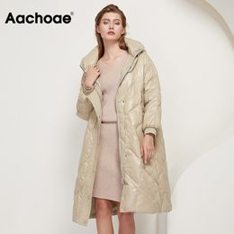 Aachoae Fashion New Winter White Duck Down Jacket Women Loose Hooded Long Thick Warm Coat Female Long Sleeve Pockets Outerwear 201102