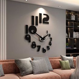 MEISD Adhesive Large Design Wall Clock Stickers Vintage Decorative Mural Watches Modern Black Horloge Round 220115