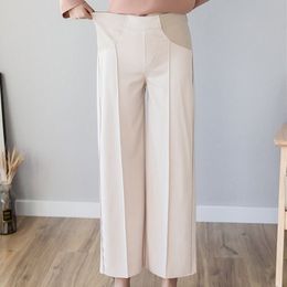 1913# 9/10 Length Thin Wide Leg Maternity Pants Elastic Waist Belly Trousers Clothes for Pregnant Women OL Formal Work Pregnancy LJ201114