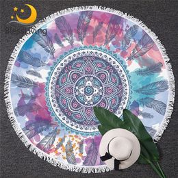 BlessLiving Pink and Aqua Round Beach Roundie Mandala Feather Hippie Circle Yoga Mat Watercolor Floral Bohemian Bath Towel 201216