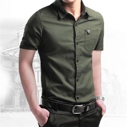 Summer 100% Cotton Shirts for Men Breathable Military Short Sleeve Slim 's Brand Clothing 220309