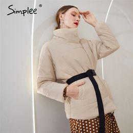 Simplee Elegant warm short winter coat women Fashion design with pocket parka coat Stand collar Casual sash belt overcoat 201217
