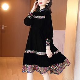 Elegante Vintage Floral Schwarz Samt Midi Kleider Herbst Winter Patchwork 4XL Plus Größe Kleider Frauen Bodycon Party Vestidos 201125