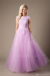 Lilac Lace Tulle Modest Prom Dresses Long Cap Sleeves Simple Jewel Floor Length Coral Prom Gowns Mint Evening Party Dresses New