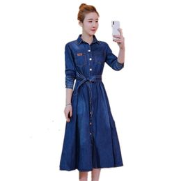 Ladies Pleated Long jeans Dress Autumn Winter Women long sleeve Loose turn down collar Denim Dress Female Bow Sashes Midi Dress 201127