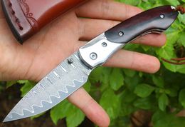 High Quality Damascus Pocket Folding Knife VG10 Damascus Steel Drop Point Blade Ebony + Steel Sheet Handle Ball Bearing Knives