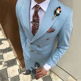 Double Breasted Groomsmen Peak Lapel Groom Tuxedos Light Blue Men Suits Wedding/Prom/Dinner Best Man Blazer ( Jacket+Pants+Tie) K924