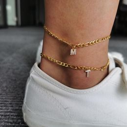foot charms jewelry Australia - Anklets Crystal Letter Initail Charm Anklet For Women Zircon Stainless Steel Feet Chain Gold Brass Jewelry Gift Girls BFF