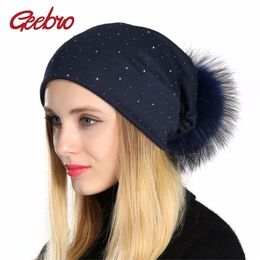 Geebro Women's Rhinestones Slouchy Beanie with Pompom Hat for Women Plain Color Beanies Hats Female Raccoon Fur Pompon Skull Y201024