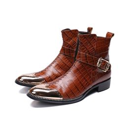 Handsome Winter Boots Men Rome Brown Genuine Leather Men Boots Short Metal Tip Cowboy Motorcycle Ankle Boots Cool, US12