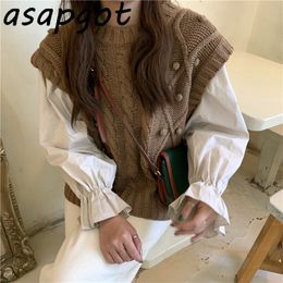 Spring Fall Back Lace Up O Neck Long Flare Sleeve Blouse Women White Top Wild Twist Sweater Sleeveless Vest Kniited Loose Casual LJ201117