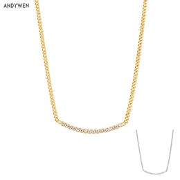 ANDYWEN New 925 Sterling Silver Gold 27mm Line Zircon Charm Pendant Necklace Long Chain Choker Necklace Fashion Women Jewellery Q0531