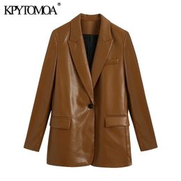 KPYTOMOA Women Fashion Faux Leather Single Button Blazers Coat Vintage Long Sleeve Pockets Female Outerwear Chic Tops 201023