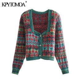 KPYTOMOA Women Fashion Jacquard Cropped Knitted Cardigan Sweater Vintage Square Collar Button-up Female Outerwear Chic Tops 211216