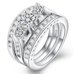 3PCS New Sparkling Luxury Jewelry 925 Sterling Silver Three Stone Round Cut White Topaz CZ Diamond Eternity Women Wedding Engagement Ring
