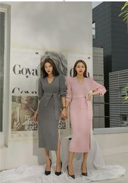 Colorfaith New Autumn Winter Women Dresses Skinny Knitting Sashes Warm Split Korean Style Elegant Casual Female DR3051 201110