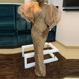 Gold Lace Prom Dresses 2021 Long Puff Sleeves Mermaid Formal Party Gowns Arabic Aso Ebi Muslim Evening Dresses Plus Size